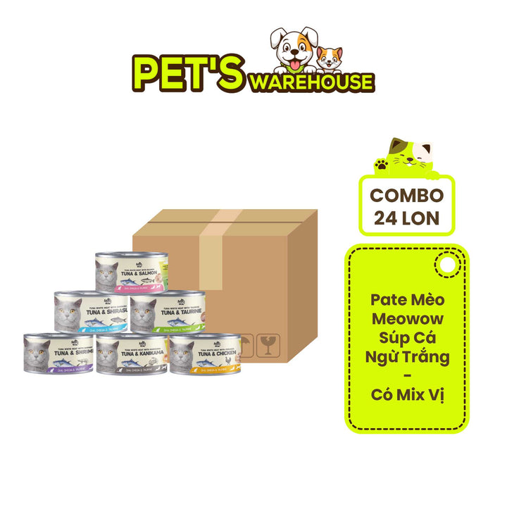 [Thùng 24 Lon] Pate Mèo Meowow Súp Cá Ngừ Trắng Nguyên Miếng, Mọi Lứa Tuổi, Lon 80g