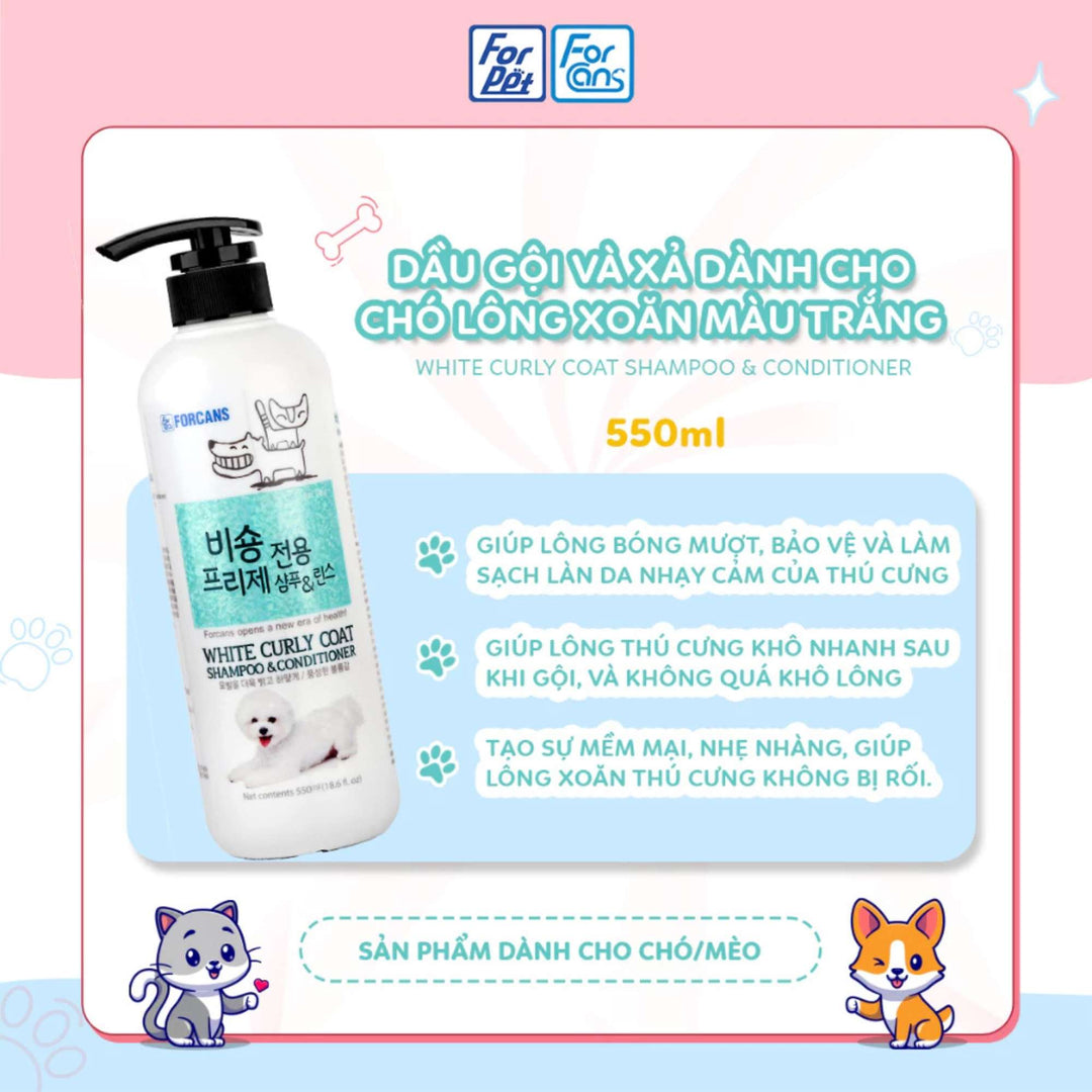 Dầu Gội Forcans Cho Chó Lông Xoăn Trắng, Chó Shih Tzu Da Nhạy Cảm, Chai 550ml