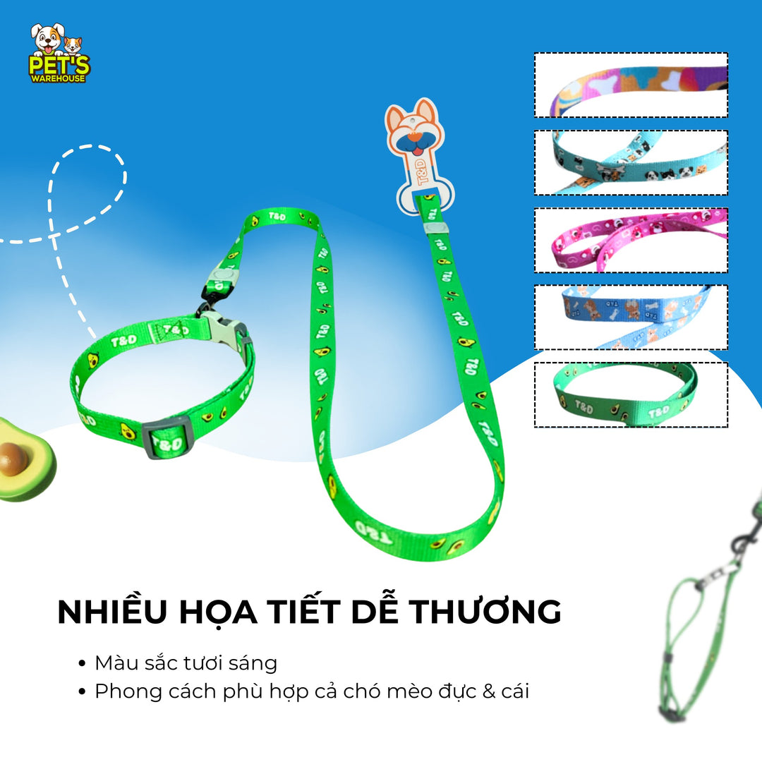 Bộ Dây Dắt Vòng Cổ Chó Mèo T&D Diamonds Lucky, Thiết Kế 2 Trong 1, Có Chuông