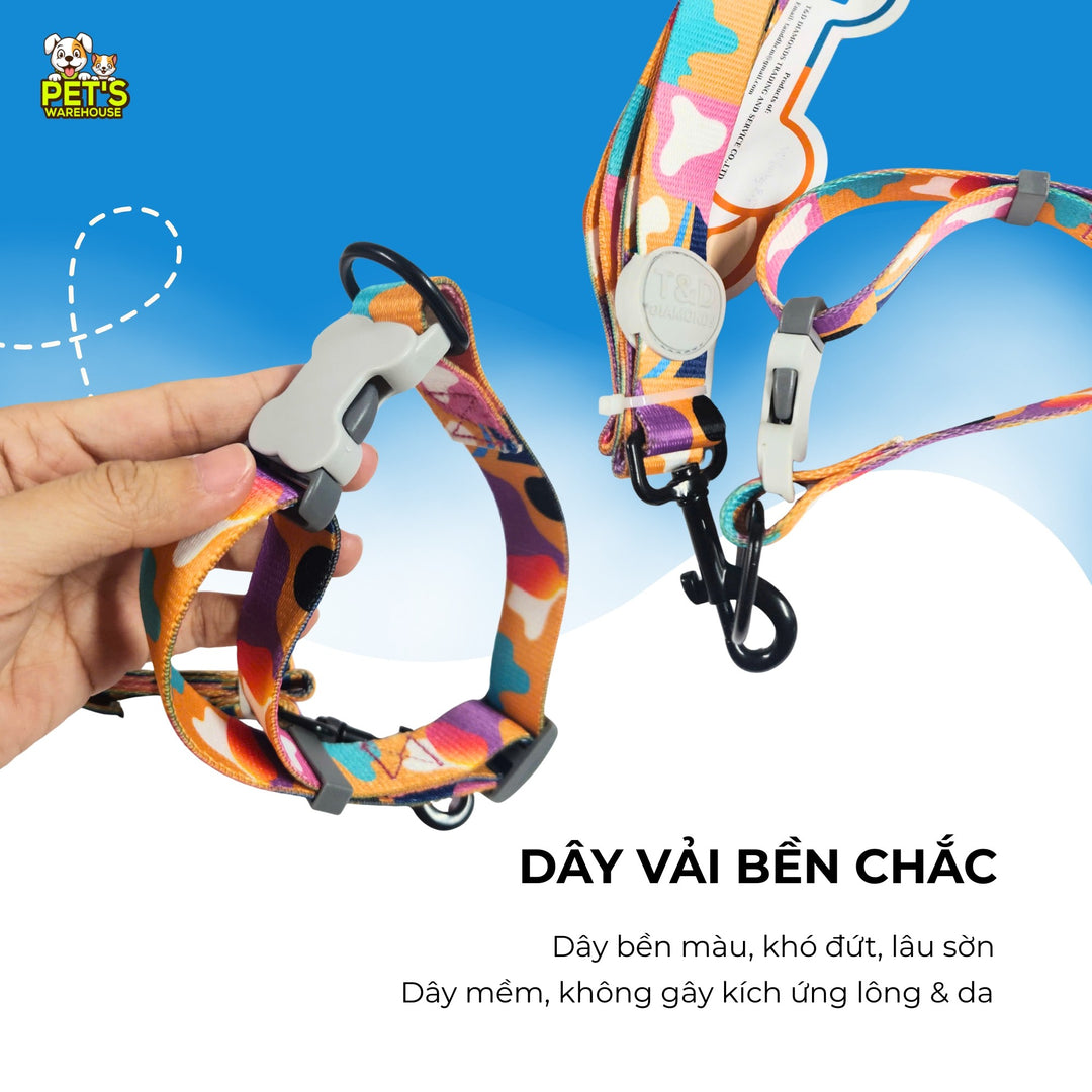 Bộ Dây Dắt Vòng Cổ Chó Mèo T&D Diamonds Lucky, Thiết Kế 2 Trong 1, Có Chuông