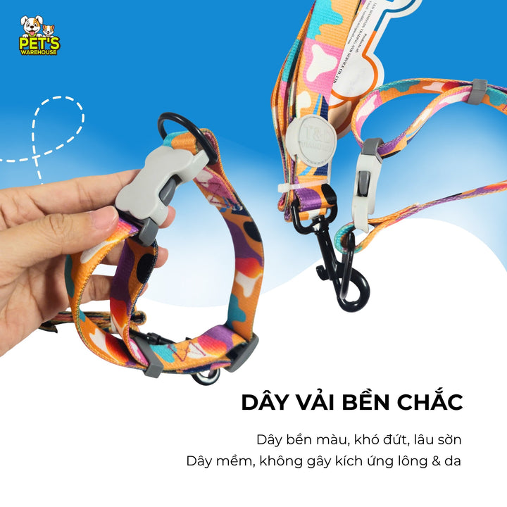 Bộ Dây Dắt Vòng Cổ Chó Mèo T&D Diamonds Lucky, Thiết Kế 2 Trong 1, Có Chuông