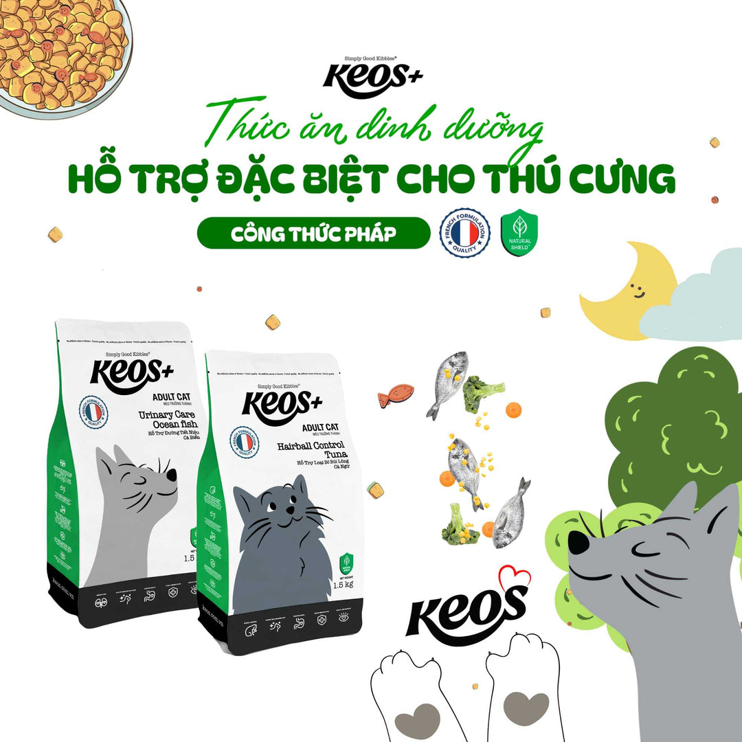 [350g - 1.5Kg] Hạt Keos+ Cho Mèo Trưởng Thành, Hỗ Trợ Tiết Niệu, Tiêu Búi Lông