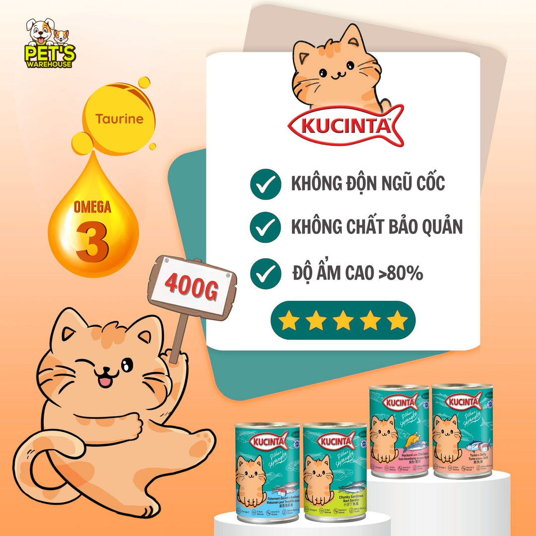 Pate Kucinta Cho Mèo Lon 400g, Thịt Cá & Hải Sản Thật, Nhiều Vị