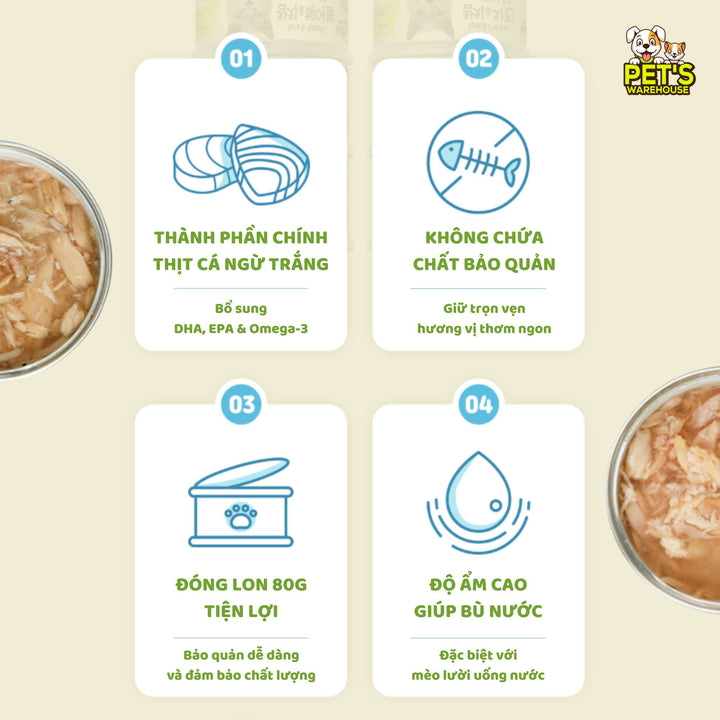 Pate Mèo Meowow Súp Cá Ngừ Trắng Nguyên Miếng Mix Vị, Mèo Mọi Lứa Tuổi, Lon 80g