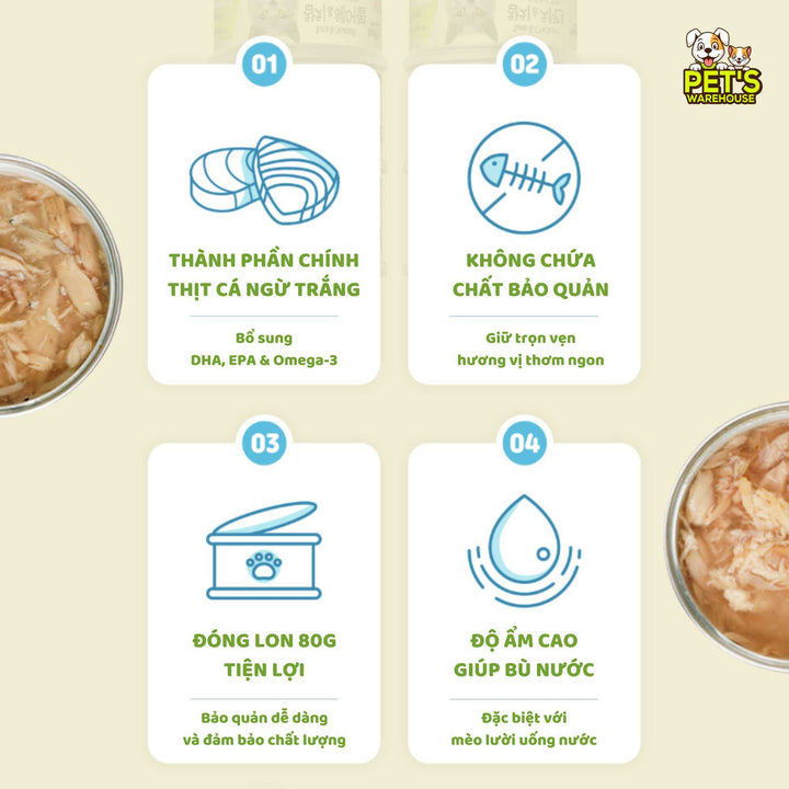 [Thùng 24 Lon] Pate Mèo Meowow Súp Cá Ngừ Trắng Nguyên Miếng, Mọi Lứa Tuổi, Lon 80g