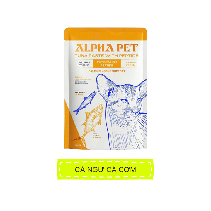 Pate Alpha Pet Cho Mèo Mọi Lứa Tuổi, Cá Ngừ Peptide Với 8 Loại Topping, Gói 60g