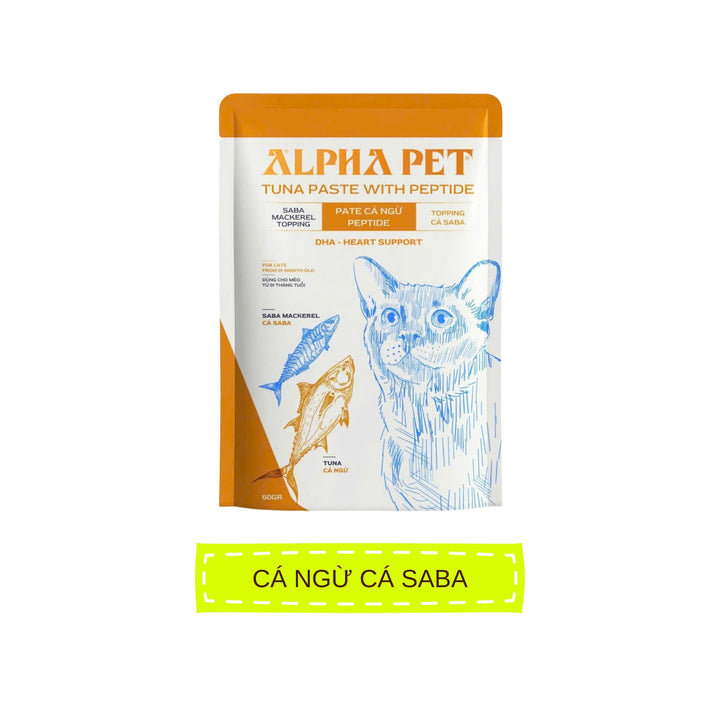 Pate Alpha Pet Cho Mèo Mọi Lứa Tuổi, Cá Ngừ Peptide Với 8 Loại Topping, Gói 60g