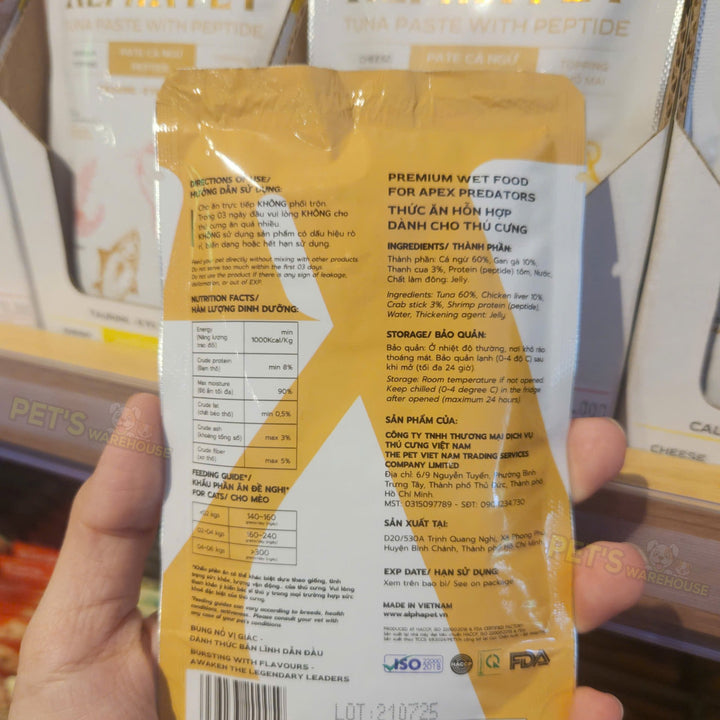 Pate Alpha Pet Cho Mèo Mọi Lứa Tuổi, Cá Ngừ Peptide Với 8 Loại Topping, Gói 60g