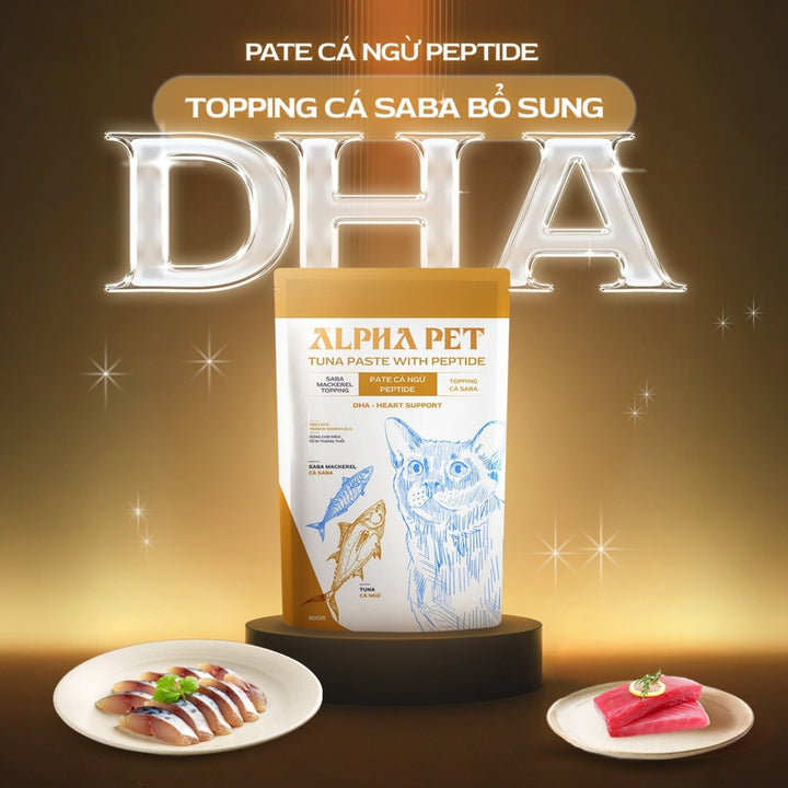 Pate Alpha Pet Cho Mèo Mọi Lứa Tuổi, Cá Ngừ Peptide Với 8 Loại Topping, Gói 60g