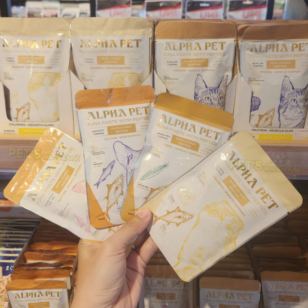 Pate Alpha Pet Cho Mèo Mọi Lứa Tuổi, Cá Ngừ Peptide Với 8 Loại Topping, Gói 60g