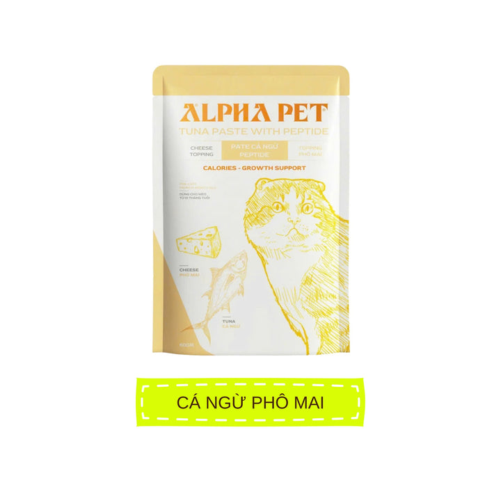 Pate Alpha Pet Cho Mèo Mọi Lứa Tuổi, Cá Ngừ Peptide Với 8 Loại Topping, Gói 60g