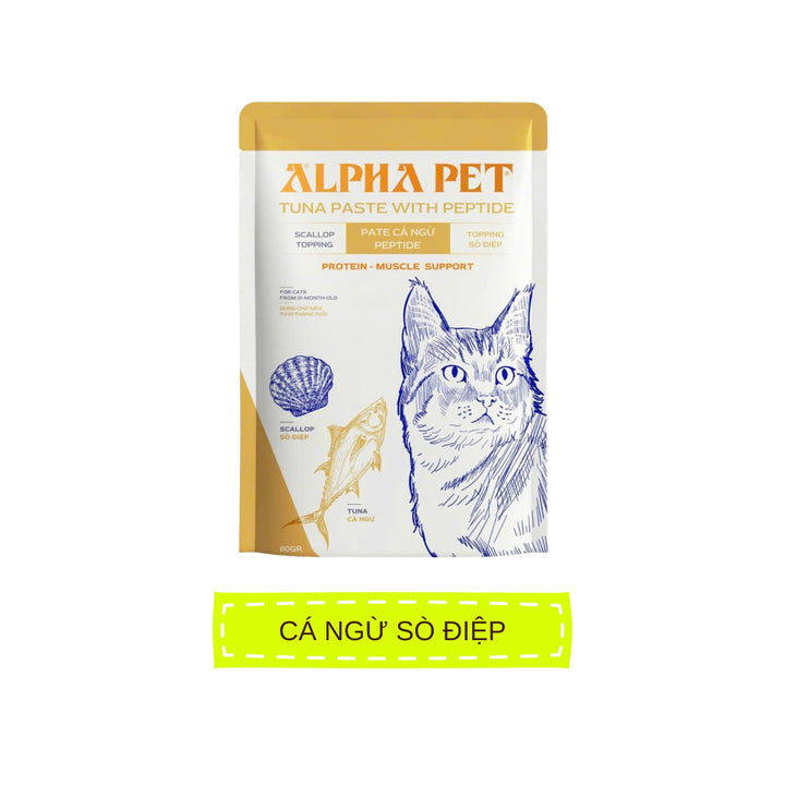 Pate Alpha Pet Cho Mèo Mọi Lứa Tuổi, Cá Ngừ Peptide Với 8 Loại Topping, Gói 60g