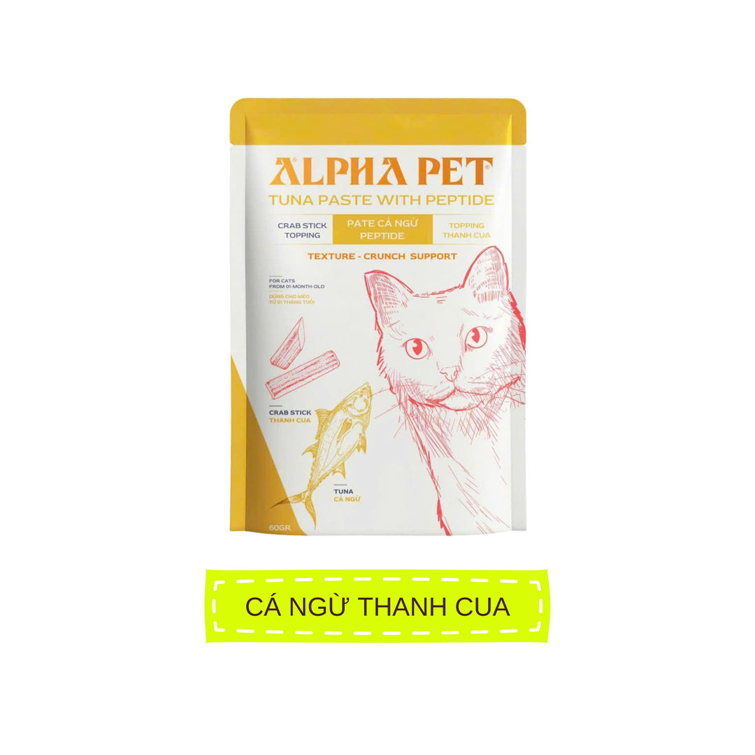 Pate Alpha Pet Cho Mèo Mọi Lứa Tuổi, Cá Ngừ Peptide Với 8 Loại Topping, Gói 60g