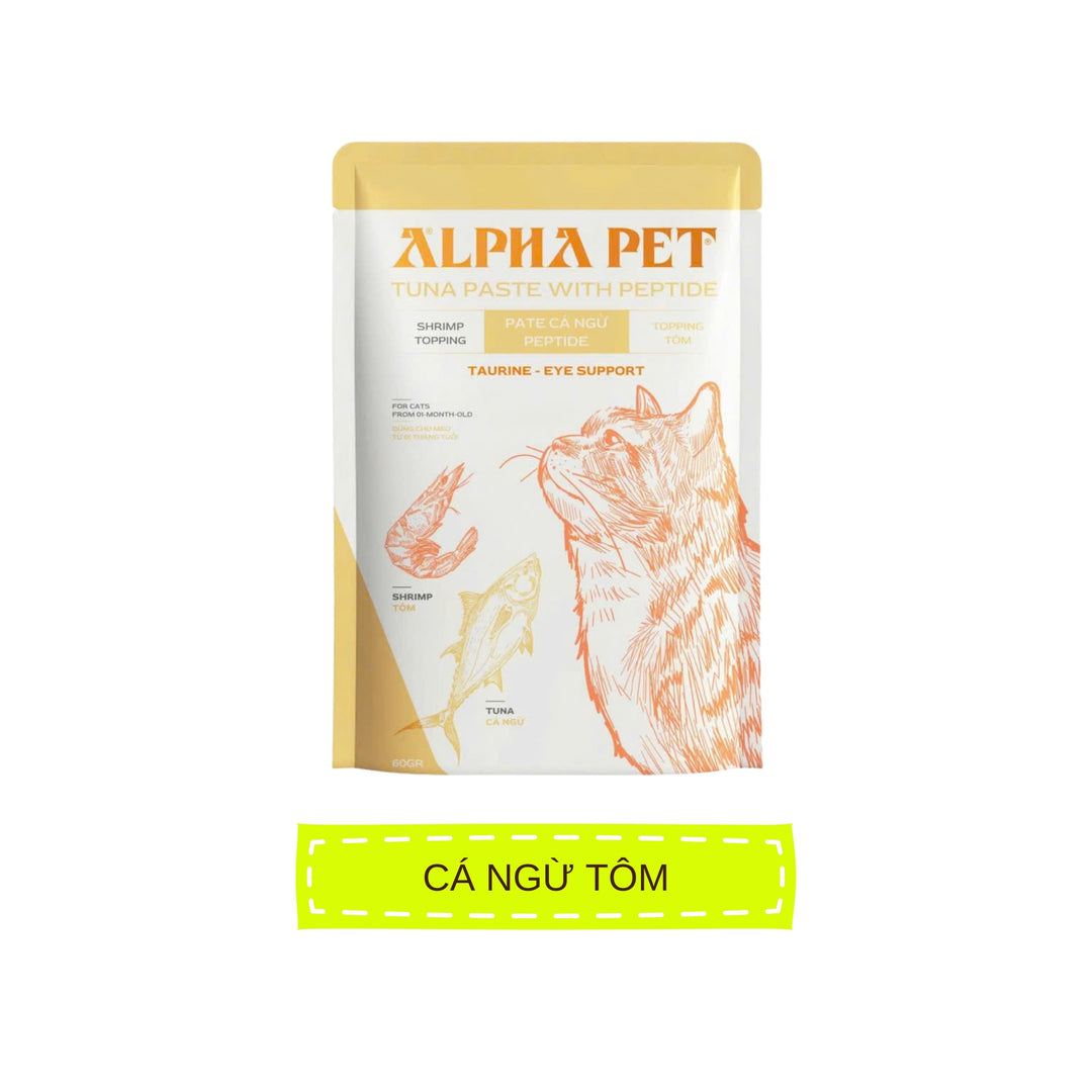 Pate Alpha Pet Cho Mèo Mọi Lứa Tuổi, Cá Ngừ Peptide Với 8 Loại Topping, Gói 60g