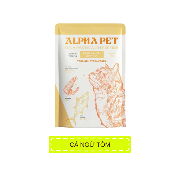 Pate Alpha Pet Cho Mèo Mọi Lứa Tuổi, Cá Ngừ Peptide Với 8 Loại Topping, Gói 60g
