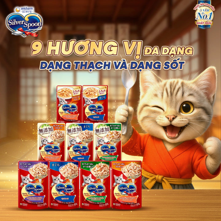 Pate Mèo Silver Spoon Dạng Sốt/Dạng Thạch/Vị Tự Nhiên Đặc Biệt, Gói 60g