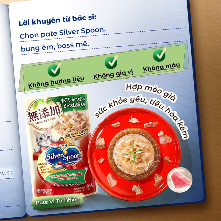 Pate Mèo Silver Spoon Dạng Sốt/Dạng Thạch/Vị Tự Nhiên Đặc Biệt, Gói 60g