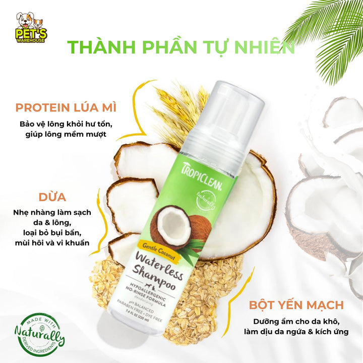 Bọt Tắm Khô Dưỡng Lông Cho Chó Mèo Tropiclean Waterless Shampoo, Không Cần Dùng Nước, 220ml