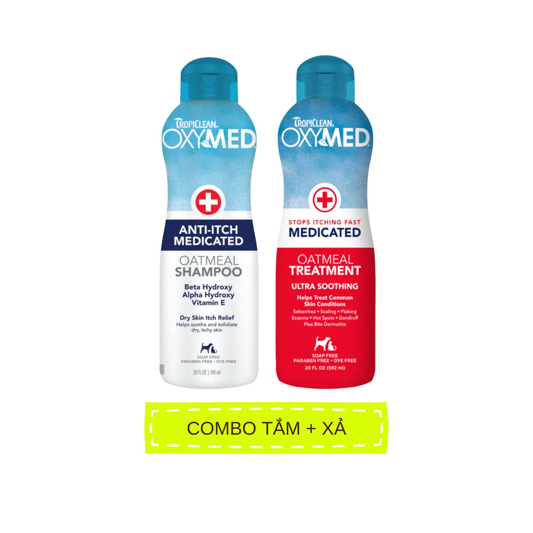 Sữa Tắm & Dầu Xả Viêm Da & Cấp Ẩm Cho Chó Mèo Tropiclean Oxymed, 592ml