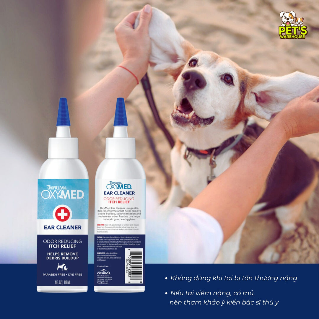 Dung Dịch Vệ Sinh Tai Chó Mèo Tropiclean Oxymed Ear Cleaner, Giảm Ngứa, Giảm Mùi Hôi Tai, 118ml