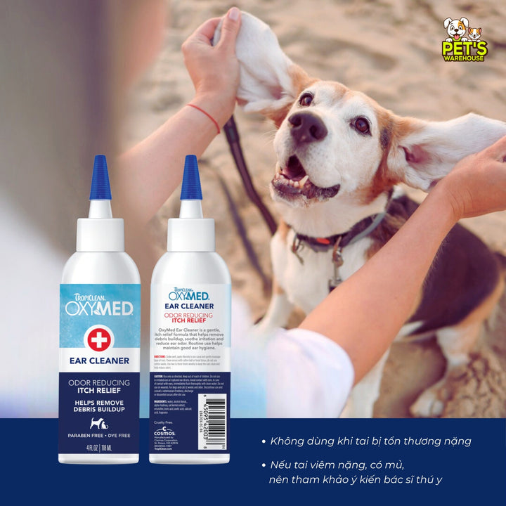 Dung Dịch Vệ Sinh Tai Chó Mèo Tropiclean Oxymed Ear Cleaner, Giảm Ngứa, Giảm Mùi Hôi Tai, 118ml