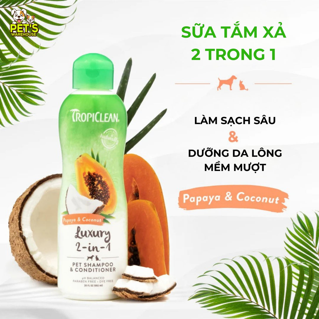 Sữa Tắm Xả 2in1 Tropiclean Luxury Cho Chó Mèo, Hương Đu Đủ & Dừa, 355ml
