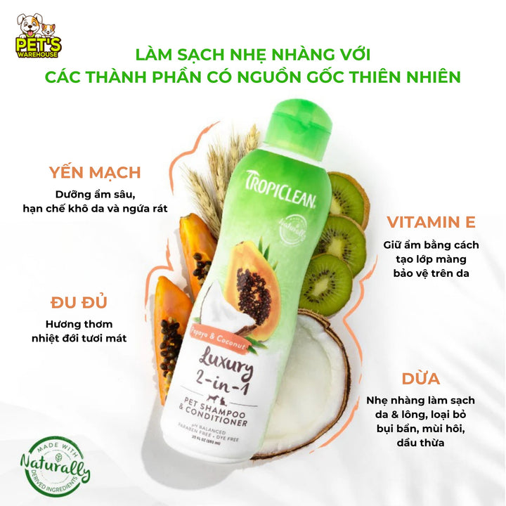 Sữa Tắm Xả 2in1 Tropiclean Luxury Cho Chó Mèo, Hương Đu Đủ & Dừa, 355ml