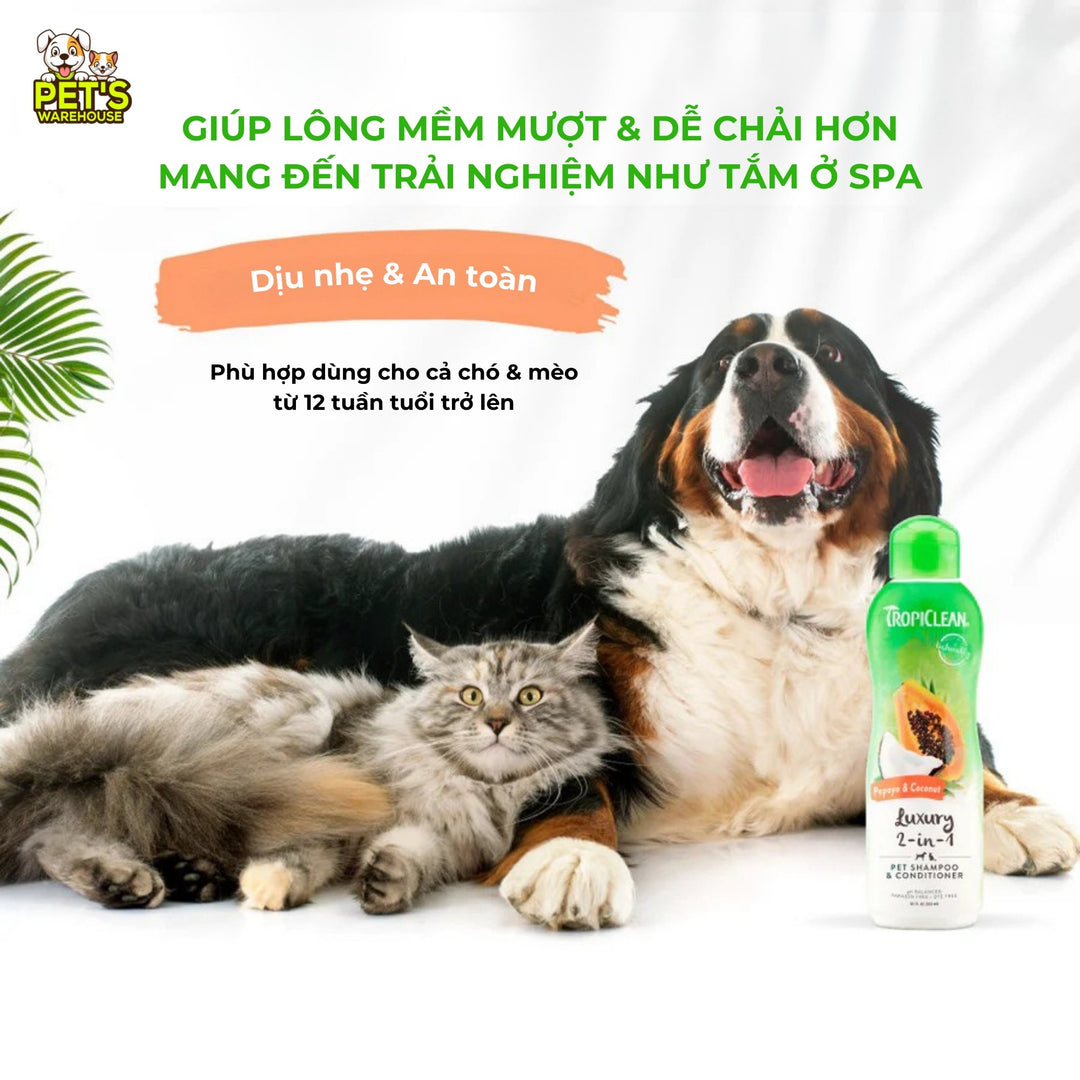 Sữa Tắm Xả 2in1 Tropiclean Luxury Cho Chó Mèo, Hương Đu Đủ & Dừa, 355ml