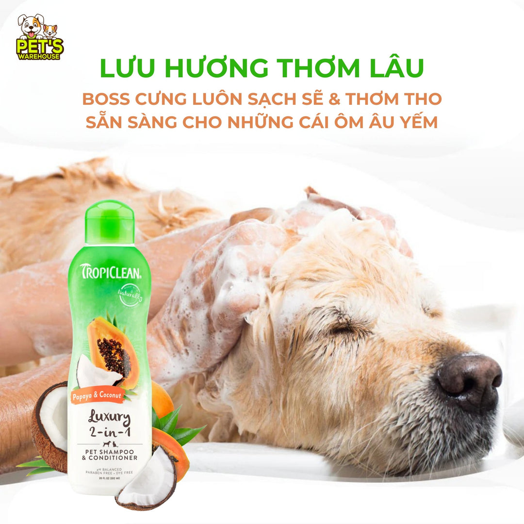 Sữa Tắm Xả 2in1 Tropiclean Luxury Cho Chó Mèo, Hương Đu Đủ & Dừa, 355ml