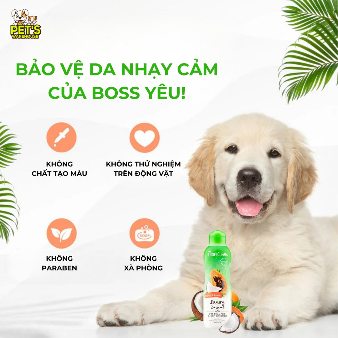 Sữa Tắm Xả 2in1 Tropiclean Luxury Cho Chó Mèo, Hương Đu Đủ & Dừa, 355ml