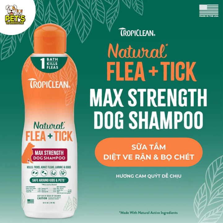 Sữa Tắm & Xịt Ve Rận, Bọ Chét Cho Chó Tropiclean Natural Flea & Tick (Mỹ)