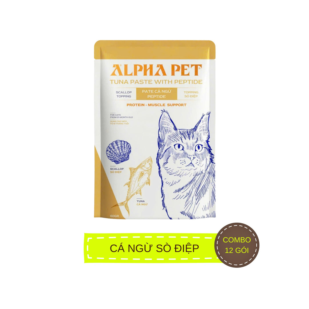 [Combo 12 - 24 Gói] Pate Mèo Alpha Pet Cá Ngừ Peptide, Mèo Mọi Lứa Tuổi, Mix 8 Loại Topping, Gói 60g