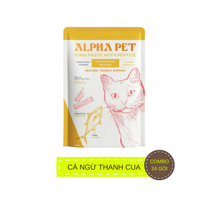 [Combo 12 - 24 Gói] Pate Mèo Alpha Pet Cá Ngừ Peptide, Mèo Mọi Lứa Tuổi, Mix 8 Loại Topping, Gói 60g