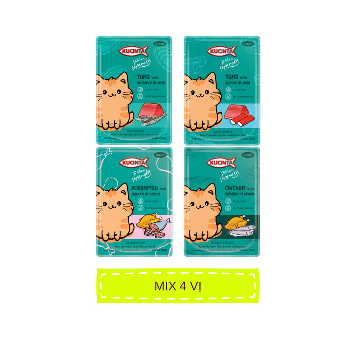 Pate Kucinta Cho Mèo Trưởng Thành, Gói 80g Tiện Lợi, Có Mix Vị