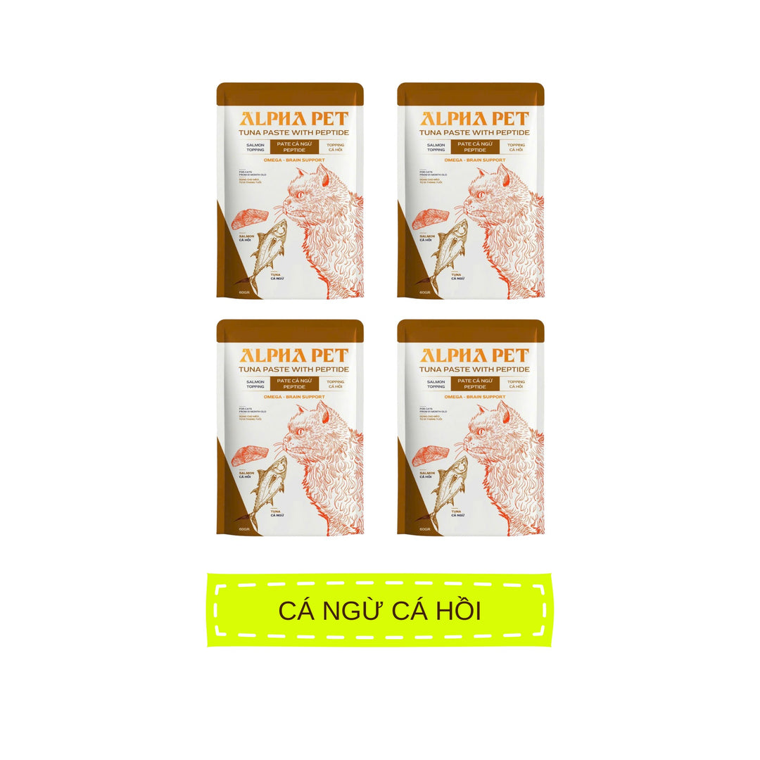 Pate Alpha Pet Cho Mèo Mọi Lứa Tuổi, Cá Ngừ Peptide Với 8 Loại Topping, Gói 60g