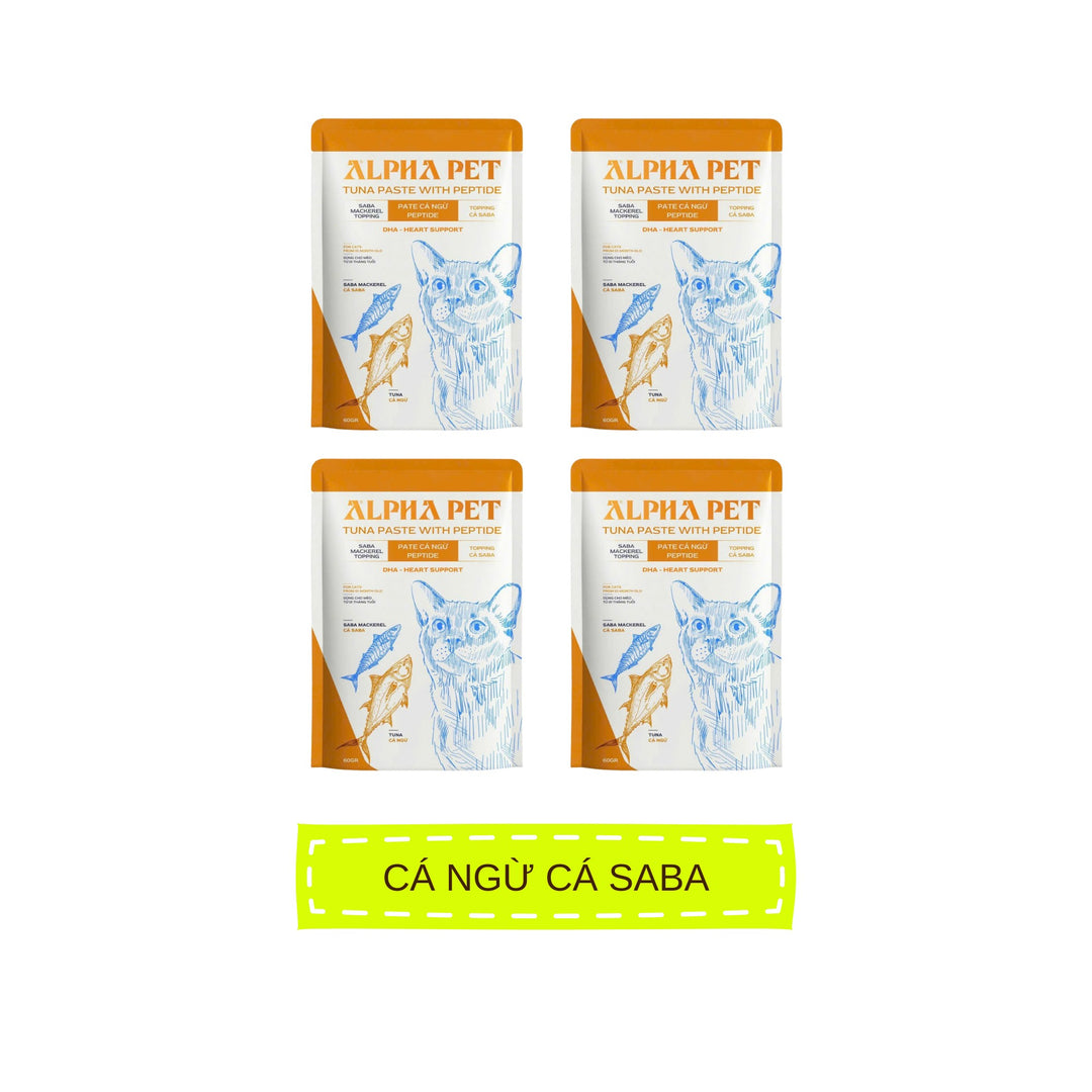 Pate Alpha Pet Cho Mèo Mọi Lứa Tuổi, Cá Ngừ Peptide Với 8 Loại Topping, Gói 60g