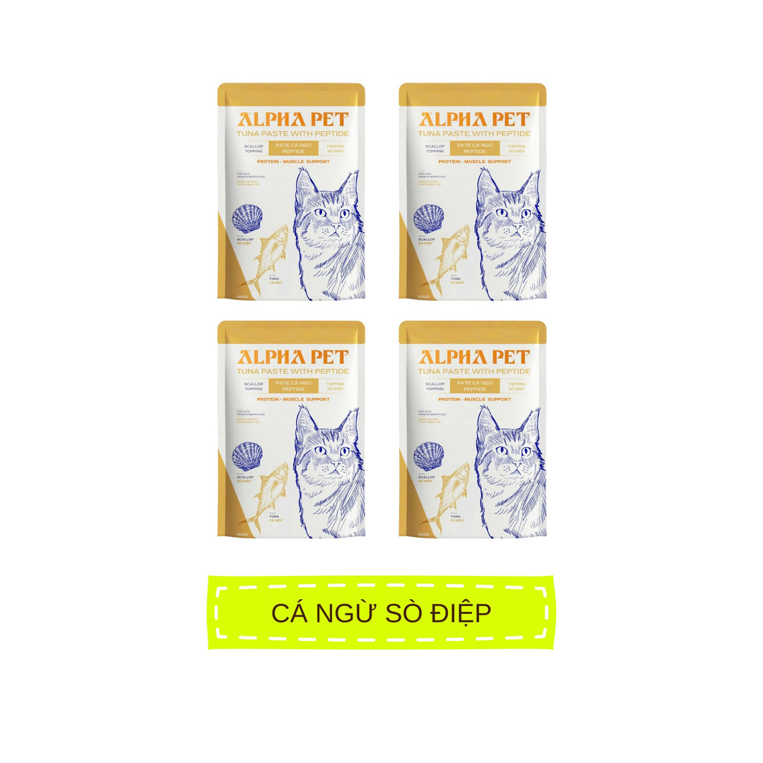 Pate Alpha Pet Cho Mèo Mọi Lứa Tuổi, Cá Ngừ Peptide Với 8 Loại Topping, Gói 60g